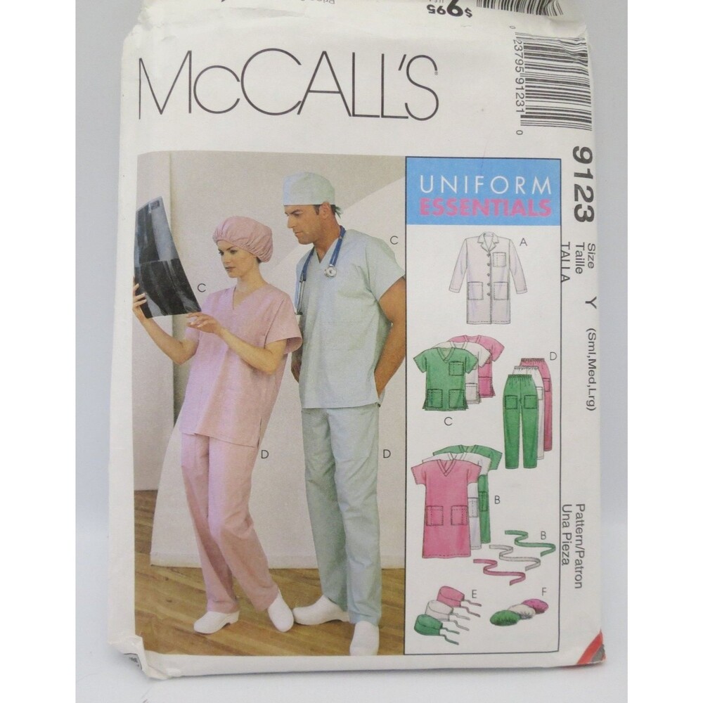 McCall's 9123 Lab Coat Dress Scrubs Pants Hats Belt Y S M L 90s Unisex Medical